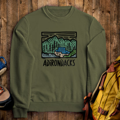 Adirondack Mountains Crewneck Sweatshirt Military Green Adventure and Outdoors Themed Sweatshirt