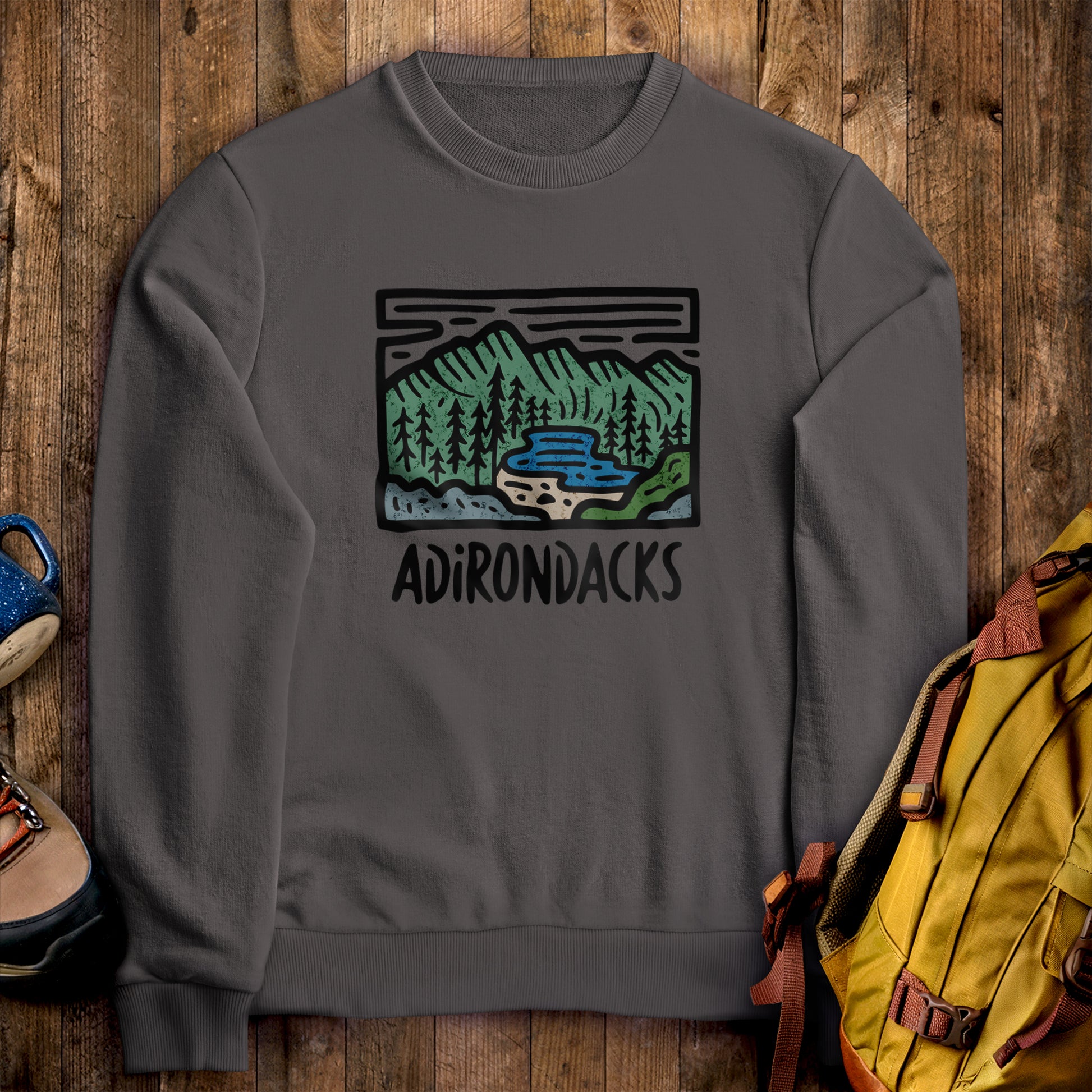 Adirondack Mountains Crewneck Sweatshirt Charcoal Adventure and Outdoors Themed Sweatshirt