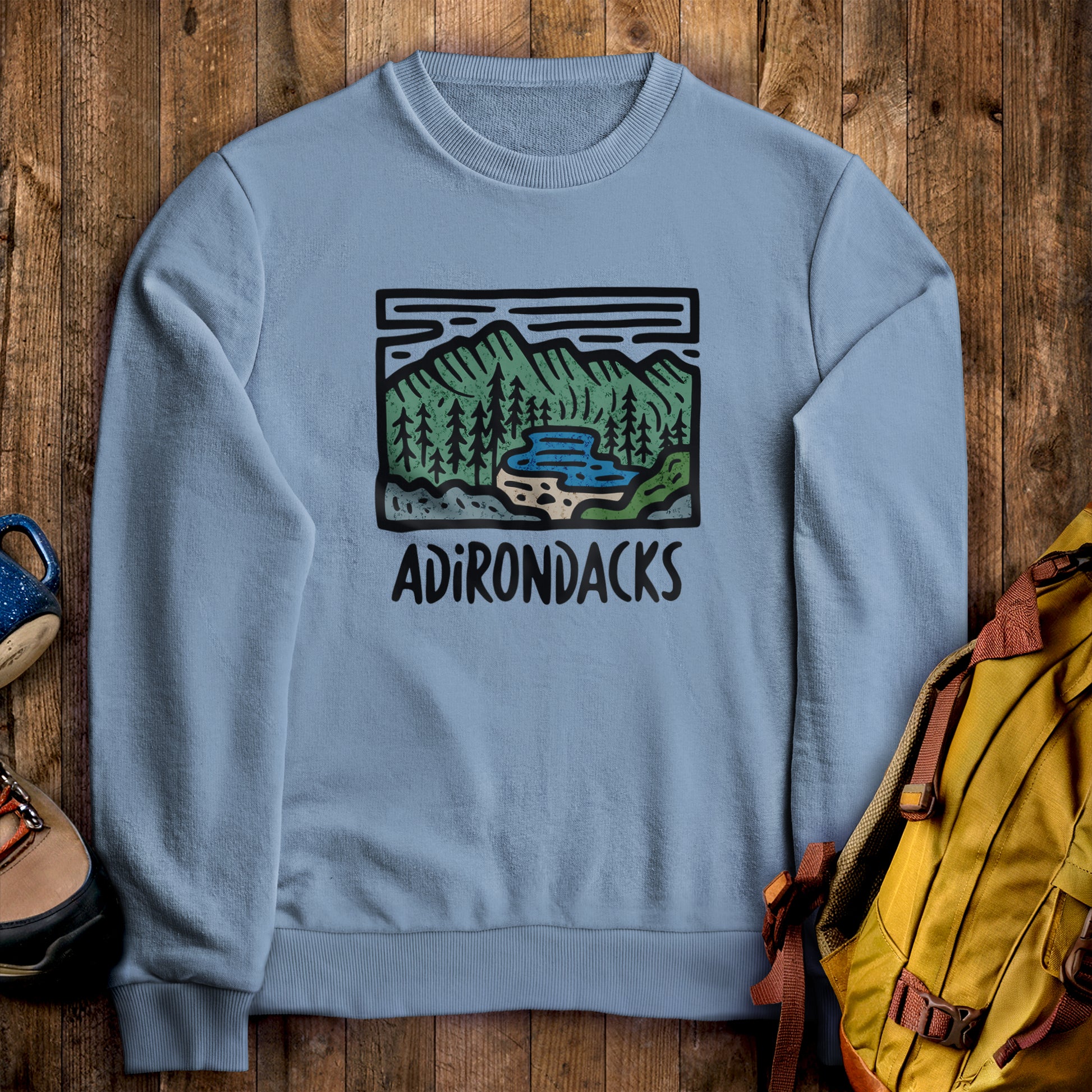 Adirondack Mountains Crewneck Sweatshirt Stone Blue Adventure and Outdoors Themed Sweatshirt