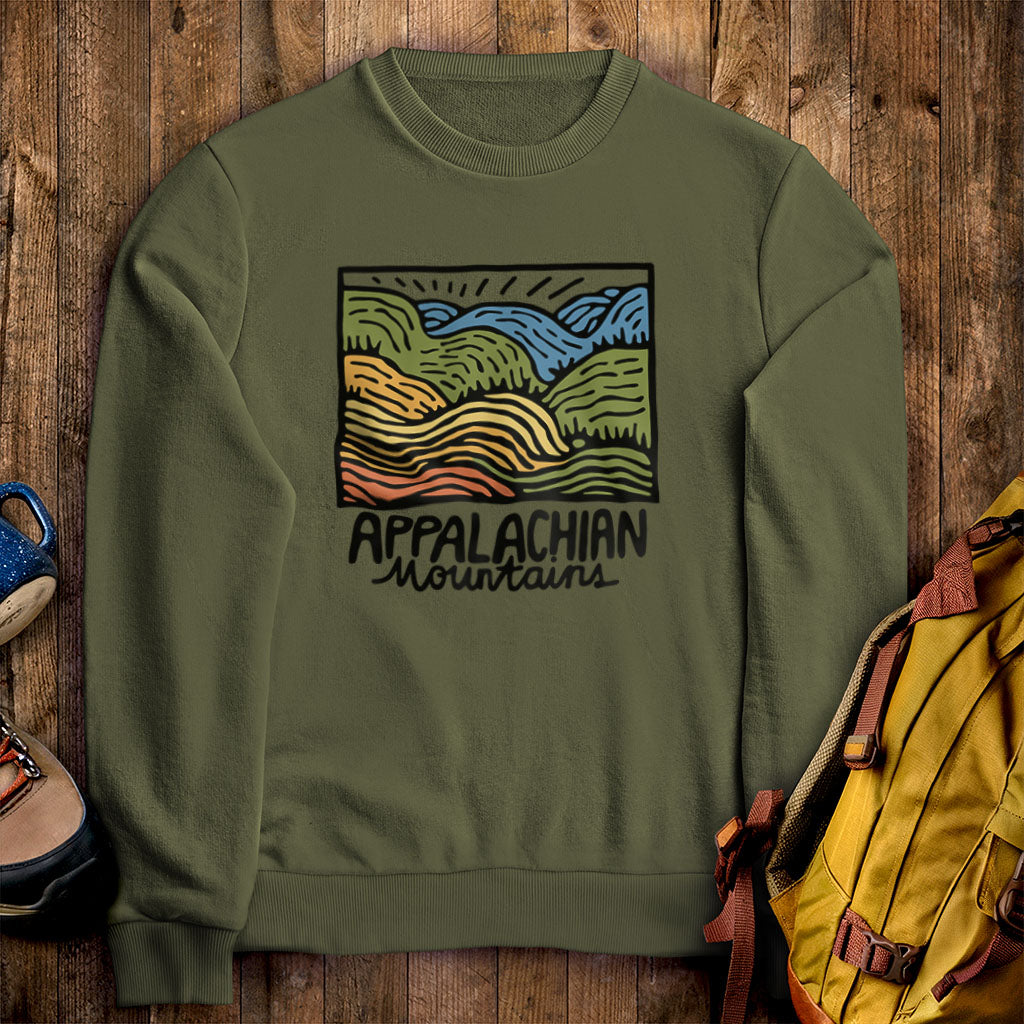 Appalachian Mountains Crewneck Sweatshirt Military Green Adventure and Outdoors Themed Sweatshirt