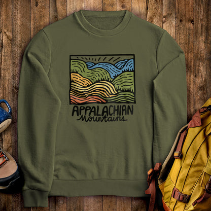Appalachian Mountains Crewneck Sweatshirt Military Green Adventure and Outdoors Themed Sweatshirt