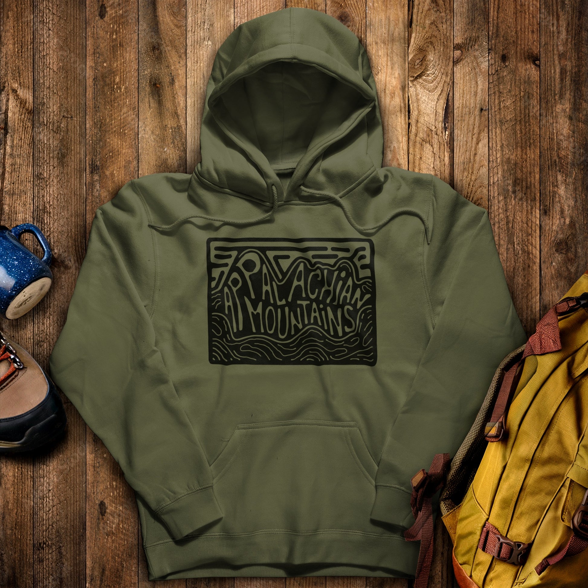 Appalachian Mountains Hoodie Military Green Adventure and Outdoors Themed Hoodie