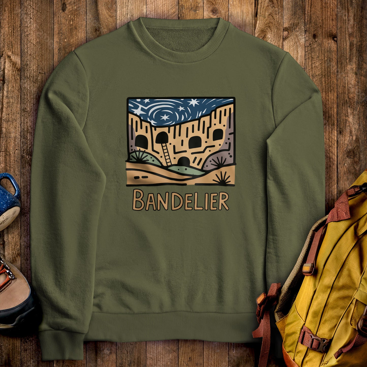 Bandelier National Monument Crewneck Sweatshirt Military Green Adventure and Outdoors Themed Sweatshirt