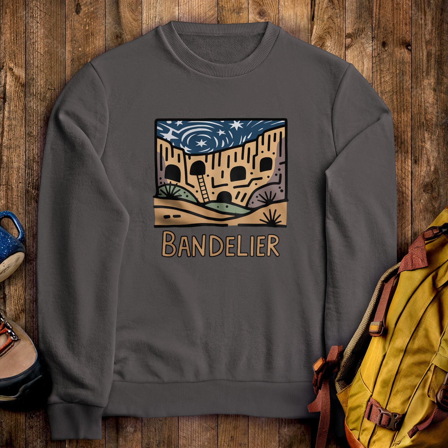 Bandelier National Monument Crewneck Sweatshirt Charcoal Adventure and Outdoors Themed Sweatshirt