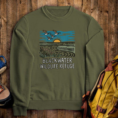 Blackwater National Wildlife Refuge Geese Crewneck Sweatshirt Military Green Adventure and Outdoors Themed Sweatshirt