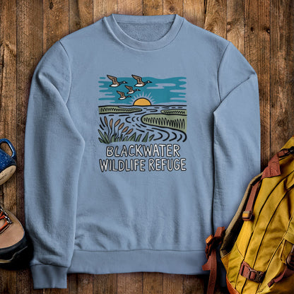 Blackwater National Wildlife Refuge Geese Crewneck Sweatshirt Stone Blue Adventure and Outdoors Themed Sweatshirt