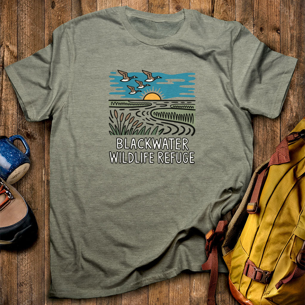 Blackwater National Wildlife Refuge Geese T-Shirt Heather Military Green Adventure and Outdoors Themed T-Shirt