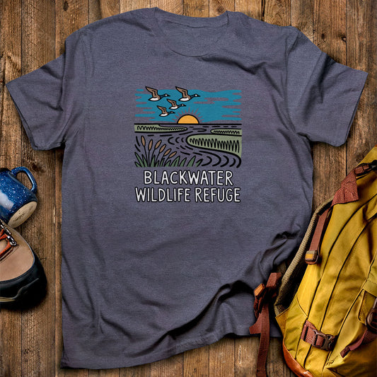 Blackwater National Wildlife Refuge Geese T-Shirt Heather Navy Adventure and Outdoors Themed T-Shirt