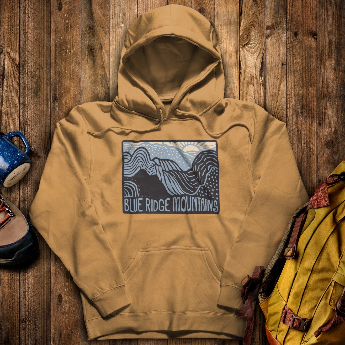 Blue Ridge Mountains Hoodie Mustard Adventure and Outdoors Themed Hoodie