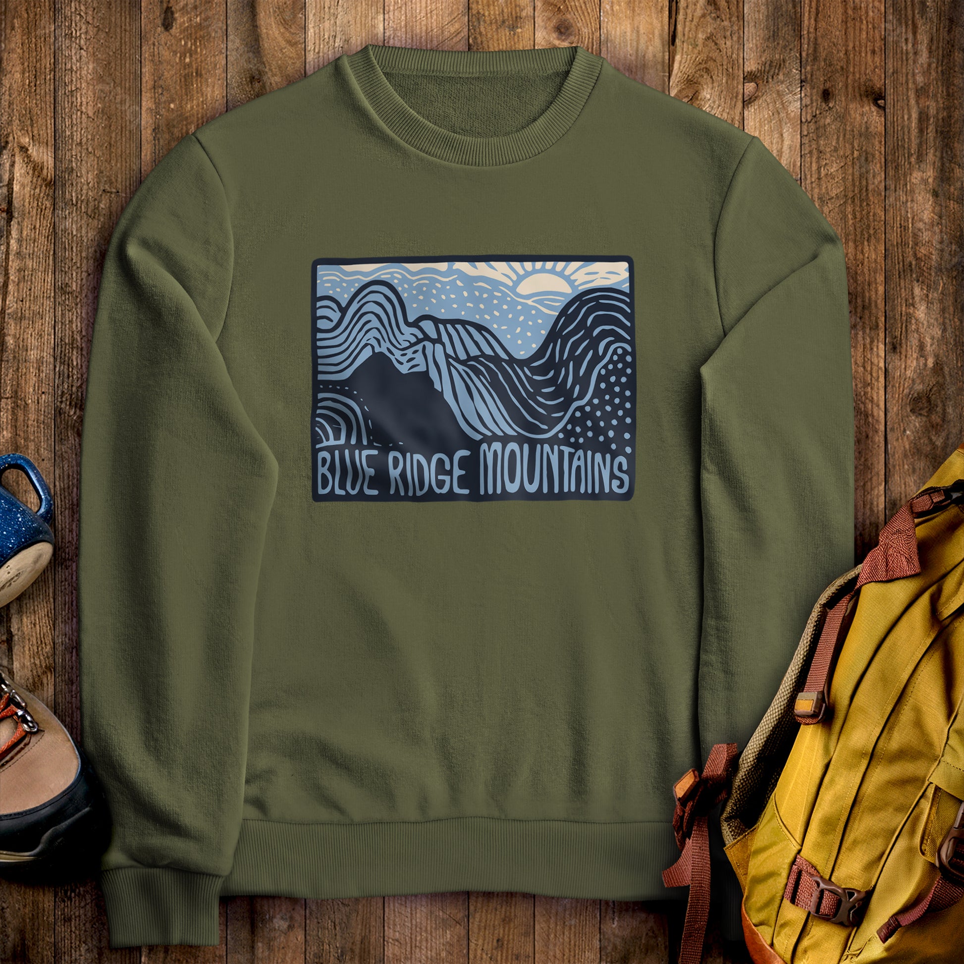 Blue Ridge Mountains Crewneck Sweatshirt Military Green Adventure and Outdoors Themed Sweatshirt