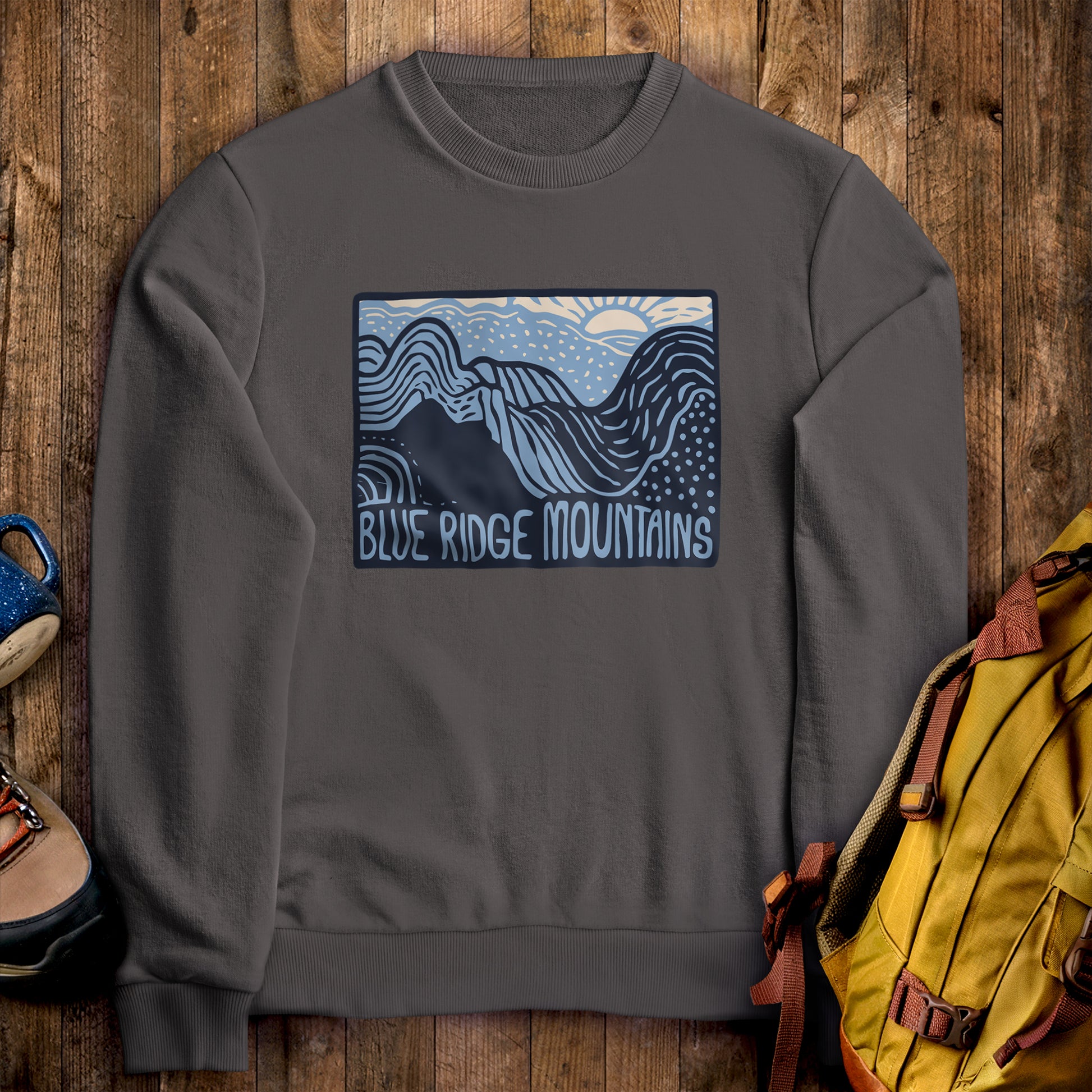 Blue Ridge Mountains Crewneck Sweatshirt Charcoal Adventure and Outdoors Themed Sweatshirt