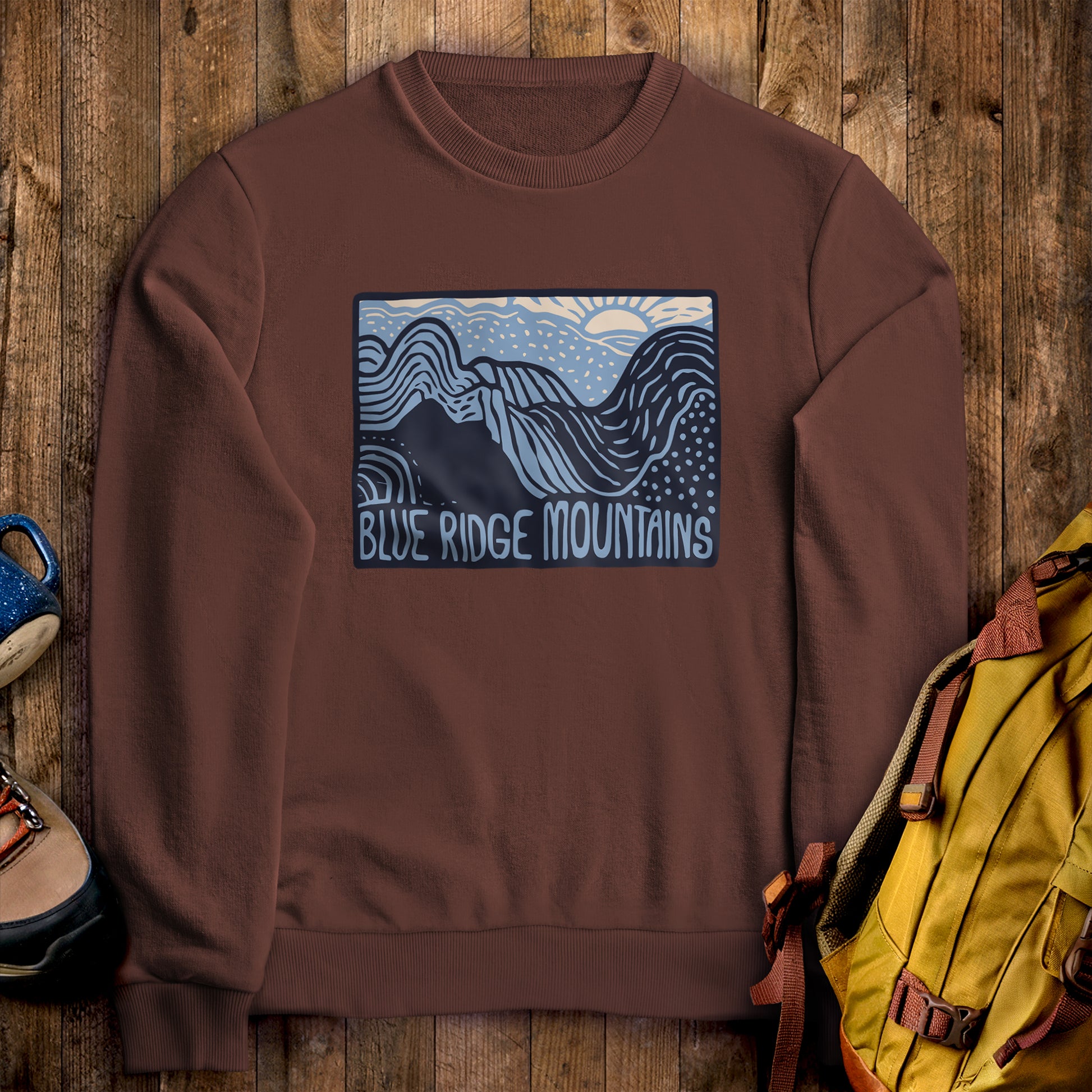 Blue Ridge Mountains Crewneck Sweatshirt Cocoa Adventure and Outdoors Themed Sweatshirt