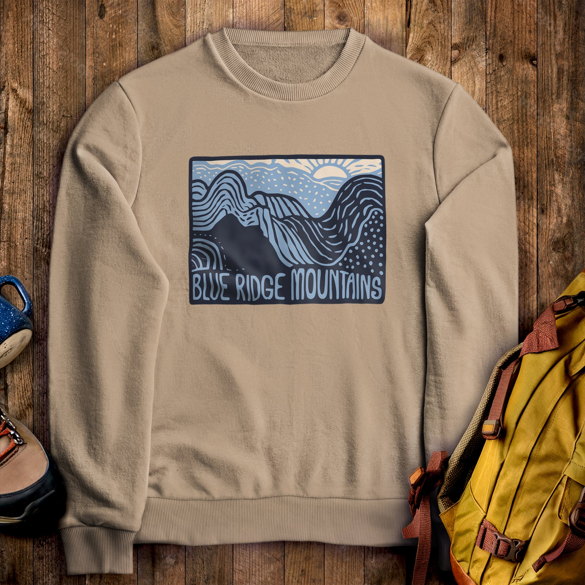 Blue Ridge Mountains Crewneck Sweatshirt Sand Adventure and Outdoors Themed Sweatshirt