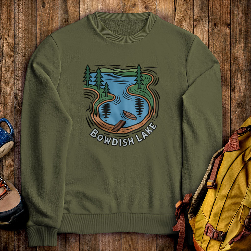 Bowdish Lake Crewneck Sweatshirt Military Green Adventure and Outdoors Themed Sweatshirt