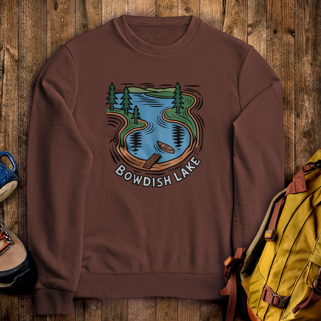 Bowdish Lake Crewneck Sweatshirt Cocoa Adventure and Outdoors Themed Sweatshirt