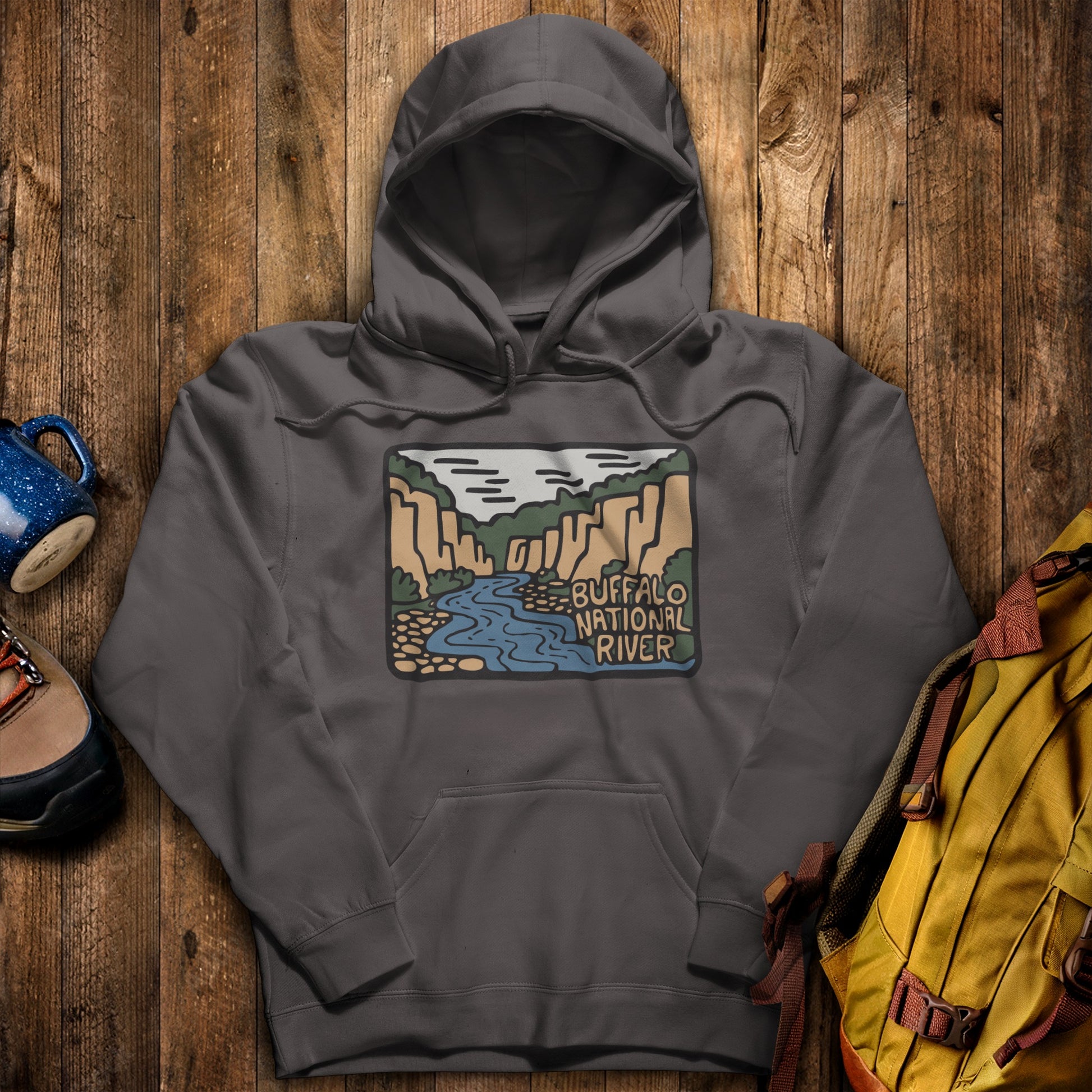 Buffalo National River Hoodie Charcoal Adventure and Outdoors Themed Hoodie
