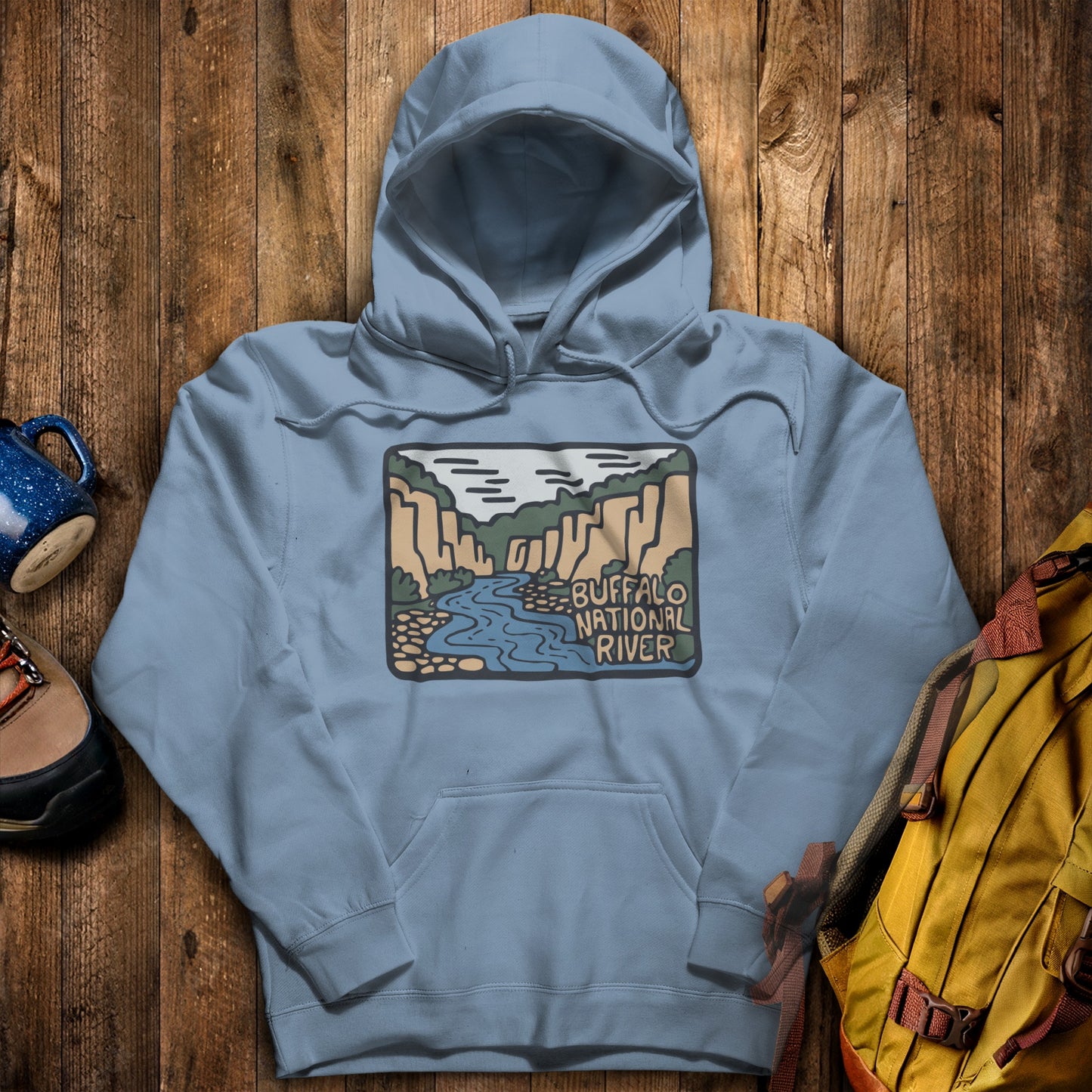 Buffalo National River Hoodie Stone Blue Adventure and Outdoors Themed Hoodie