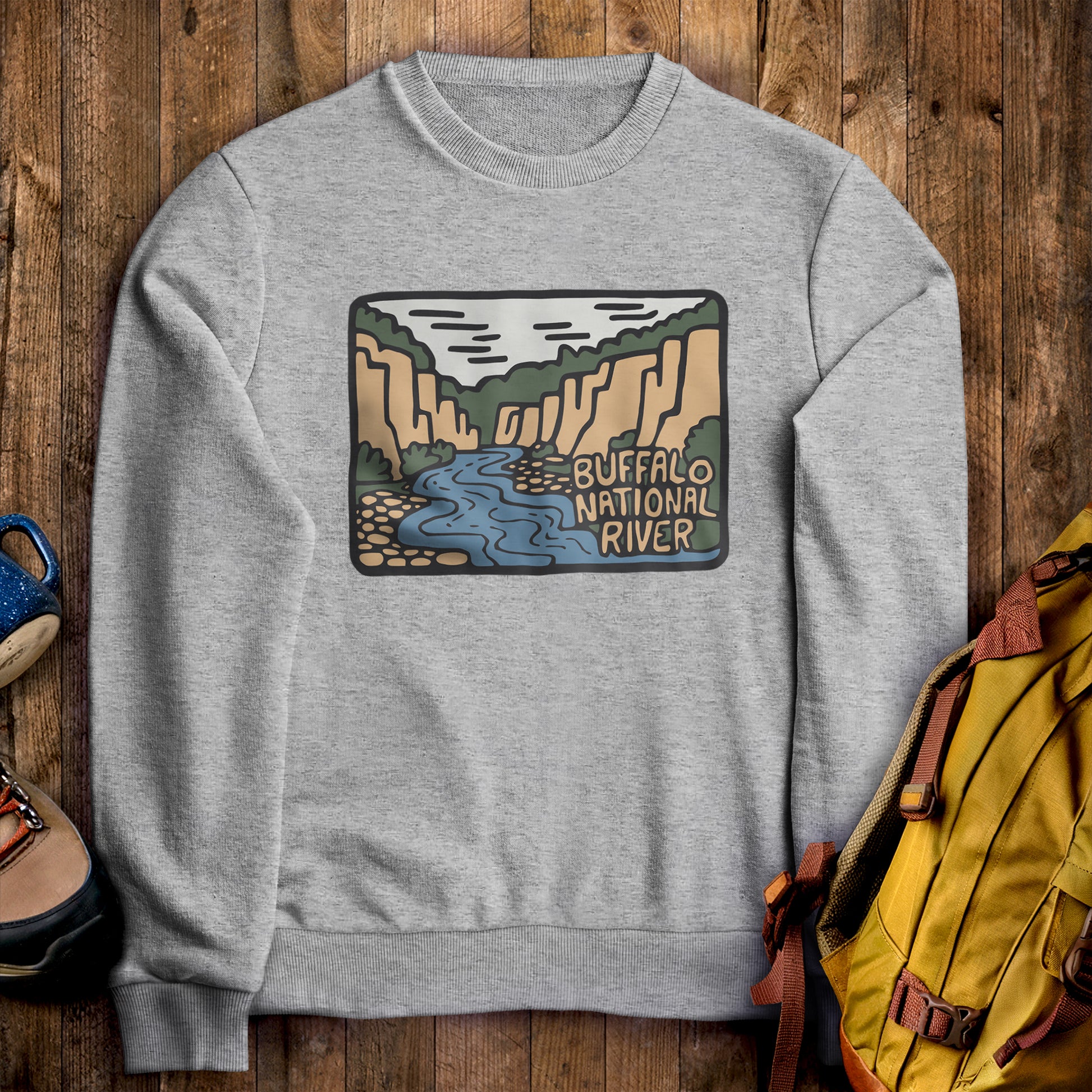 Buffalo National River Crewneck Sweatshirt Sport Grey Adventure and Outdoors Themed Sweatshirt