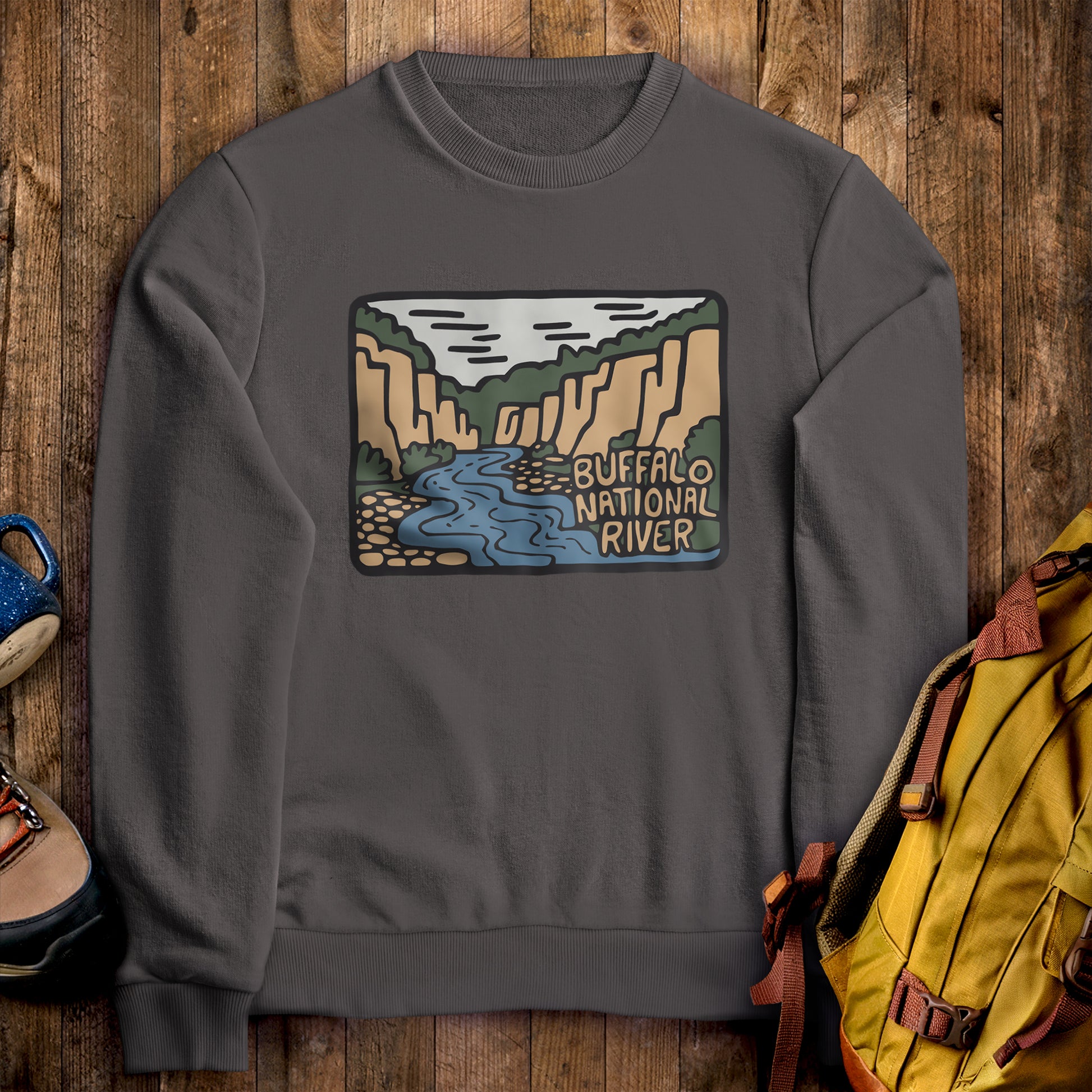 Buffalo National River Crewneck Sweatshirt Charcoal Adventure and Outdoors Themed Sweatshirt