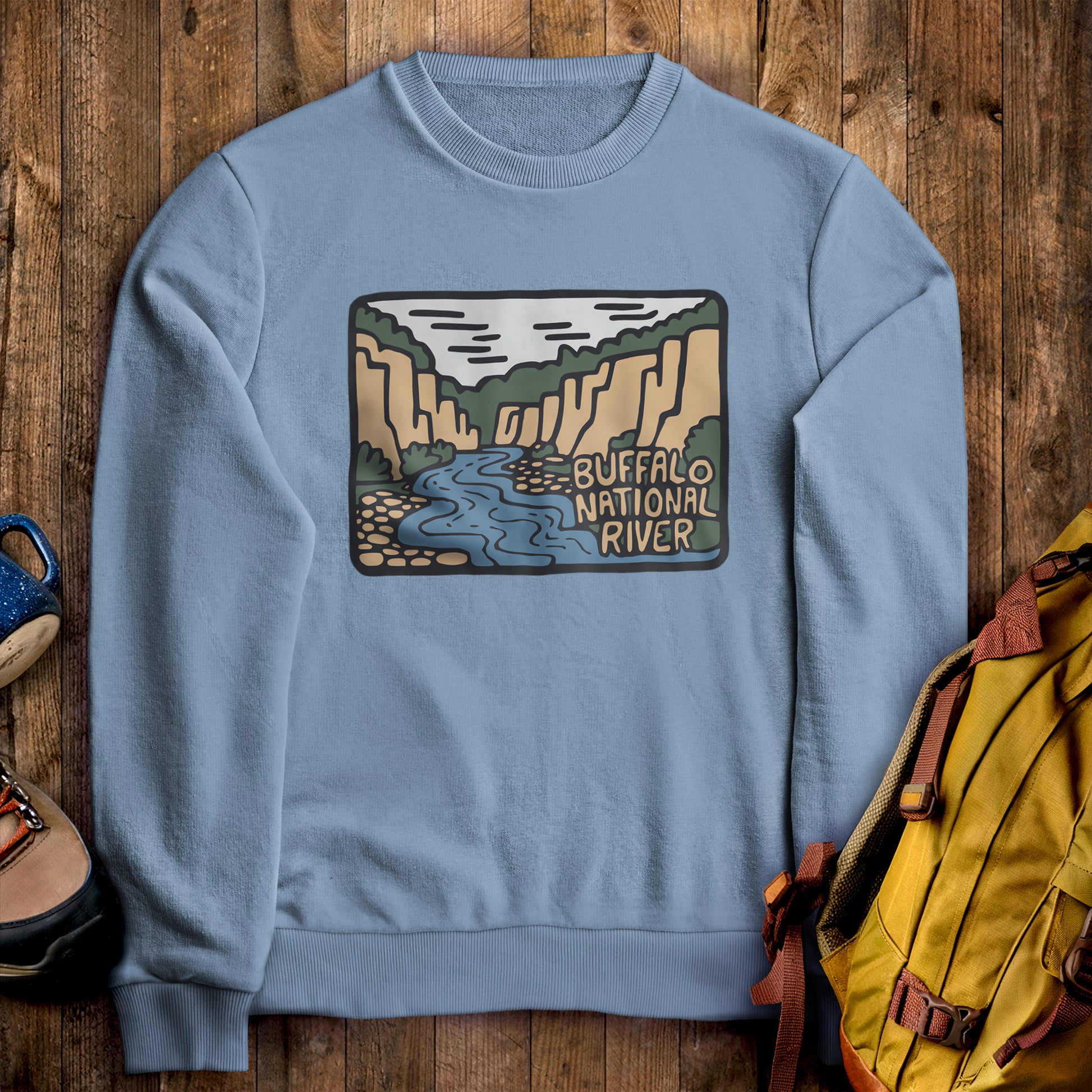 Buffalo National River Crewneck Sweatshirt Stone Blue Adventure and Outdoors Themed Sweatshirt