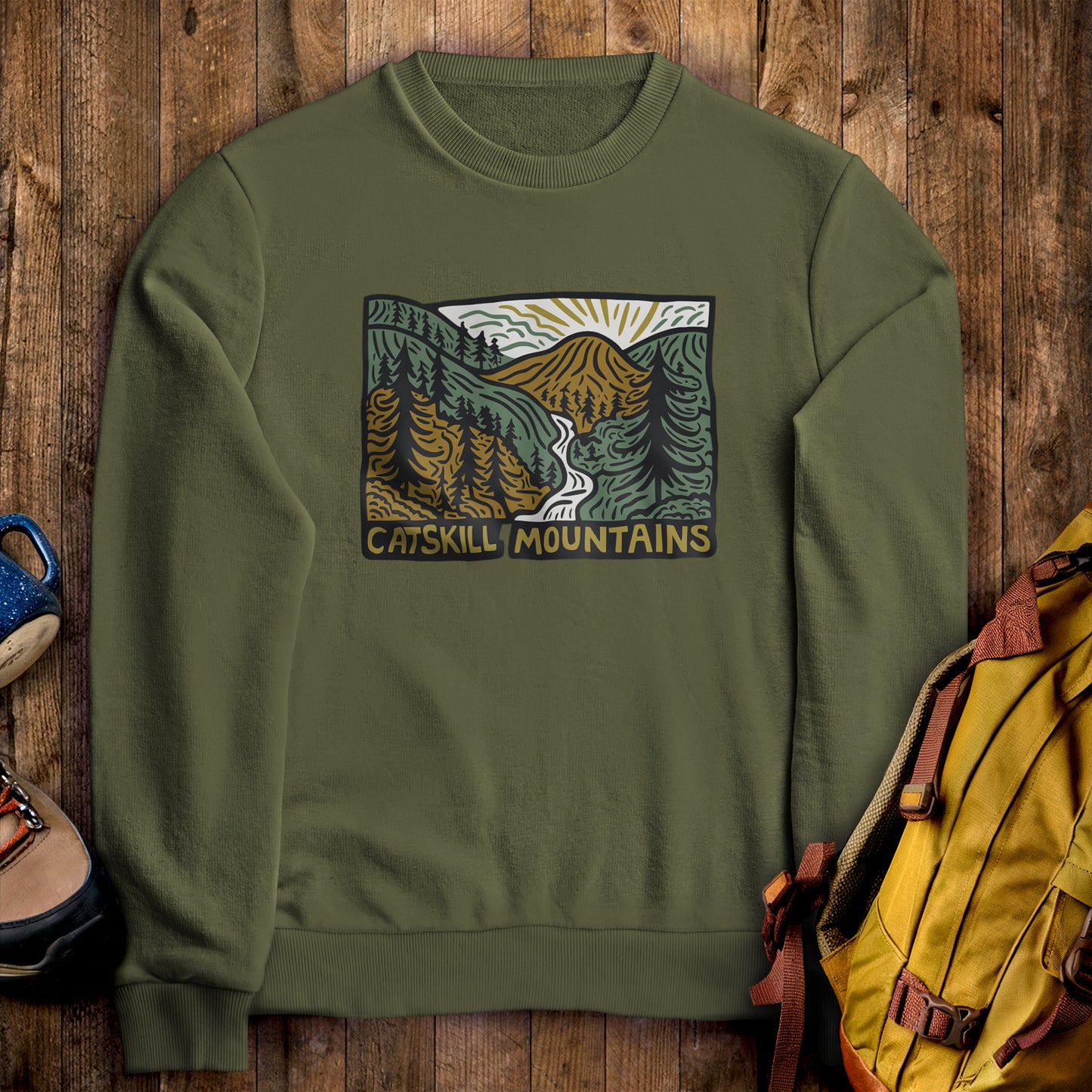 Catskill Mountains Crewneck Sweatshirt Military Green Adventure and Outdoors Themed Sweatshirt
