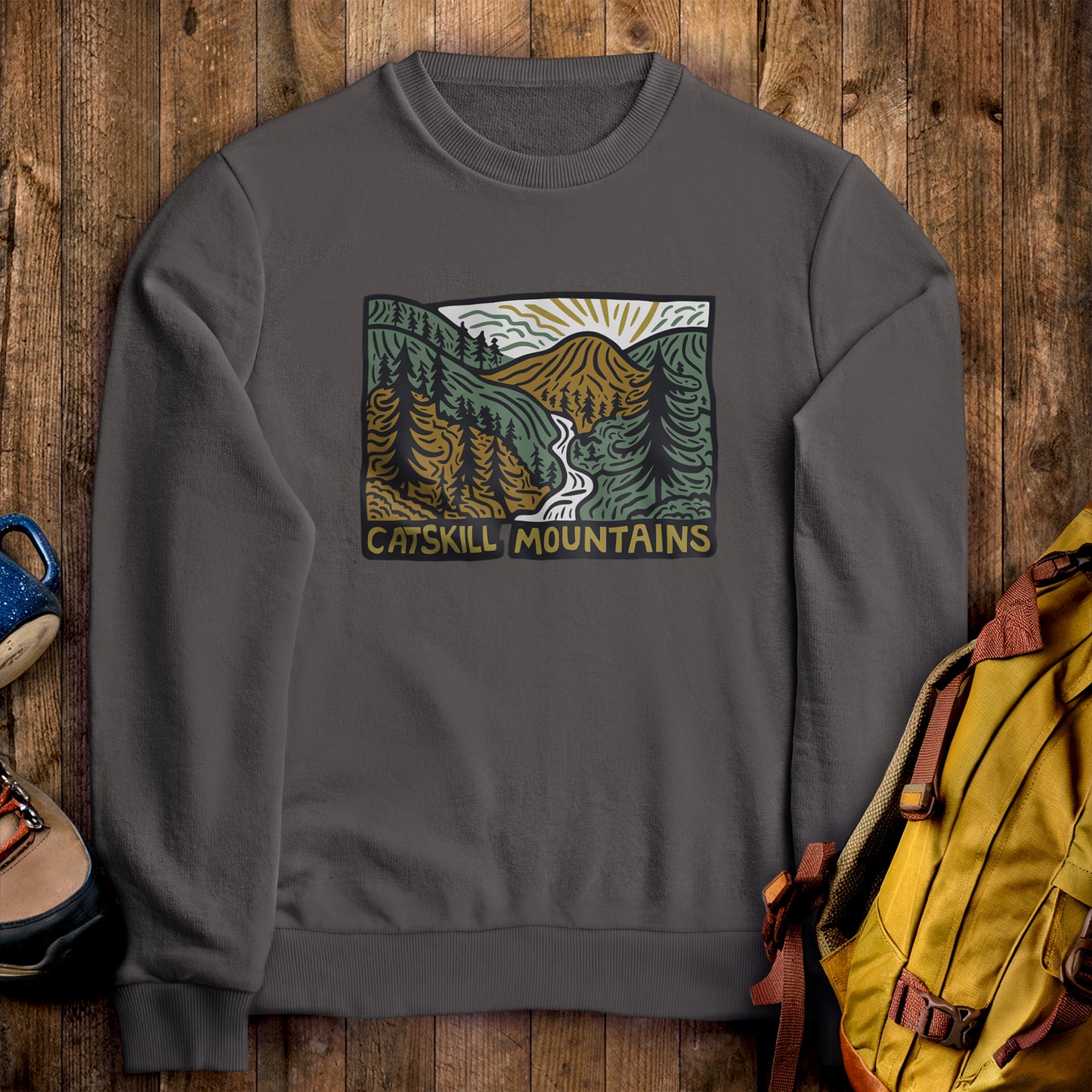 Catskill Mountains Crewneck Sweatshirt Charcoal Adventure and Outdoors Themed Sweatshirt