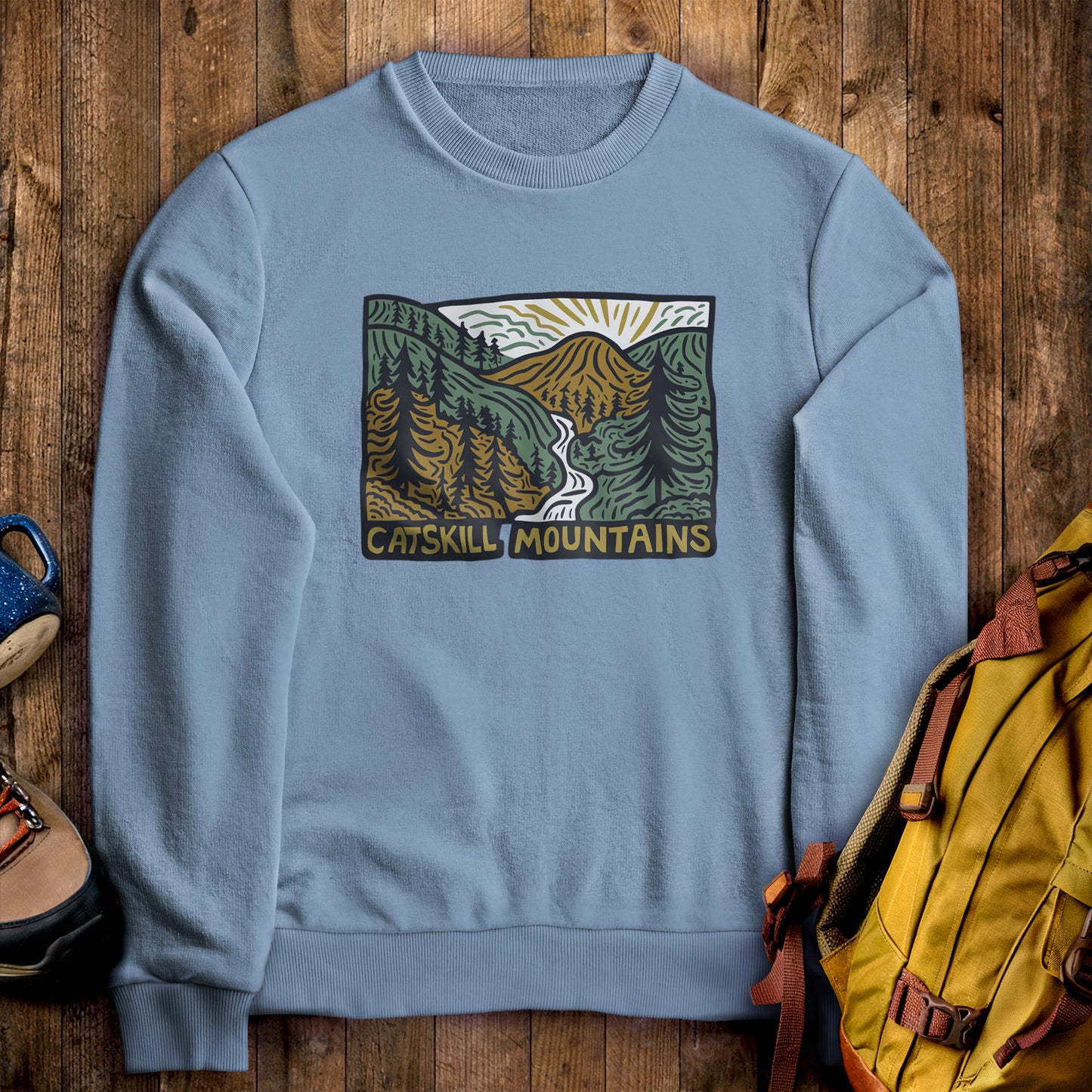 Catskill Mountains Crewneck Sweatshirt Stone Blue Adventure and Outdoors Themed Sweatshirt