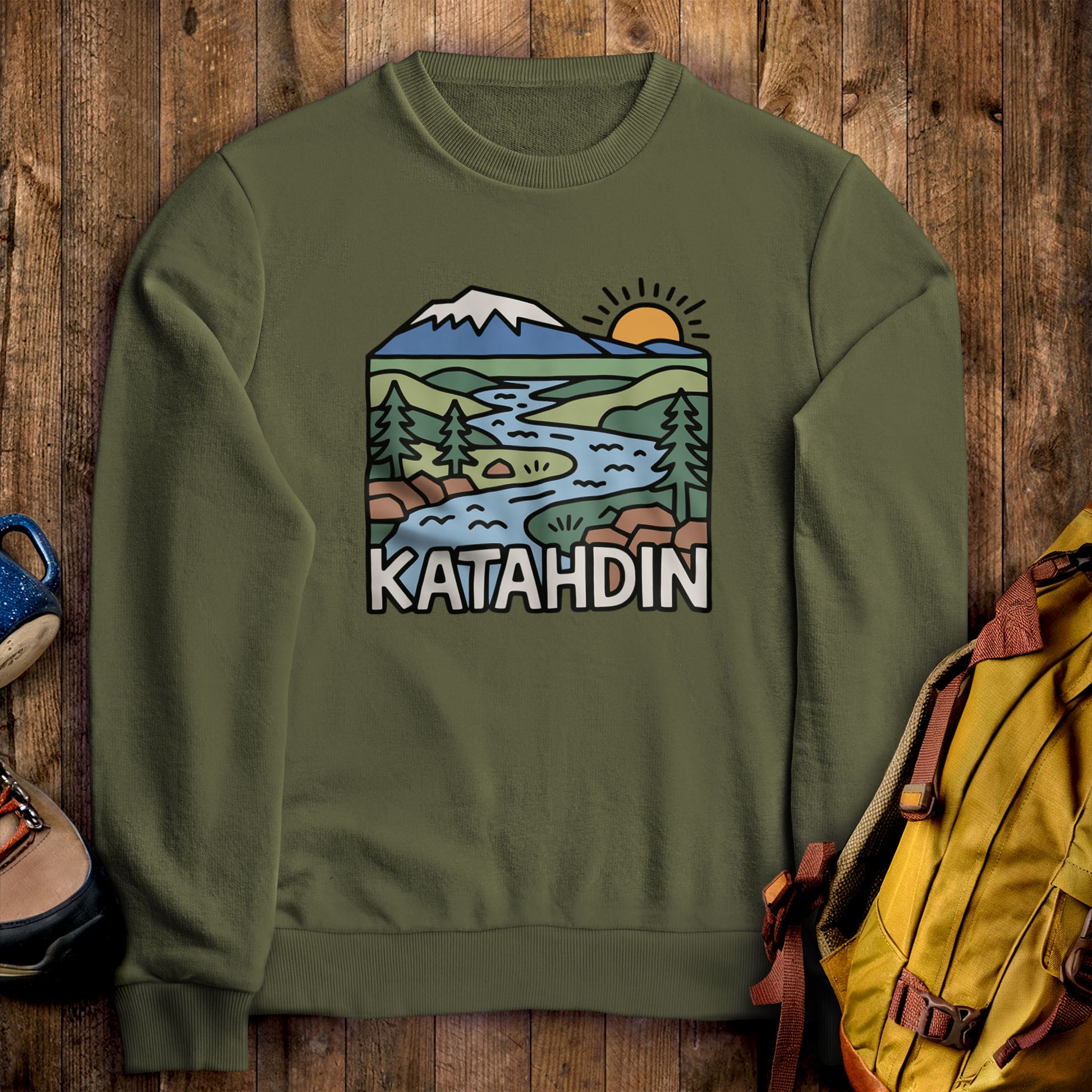 Mount Katahdin Crewneck Sweatshirt Military Green Adventure and Outdoors Themed Sweatshirt