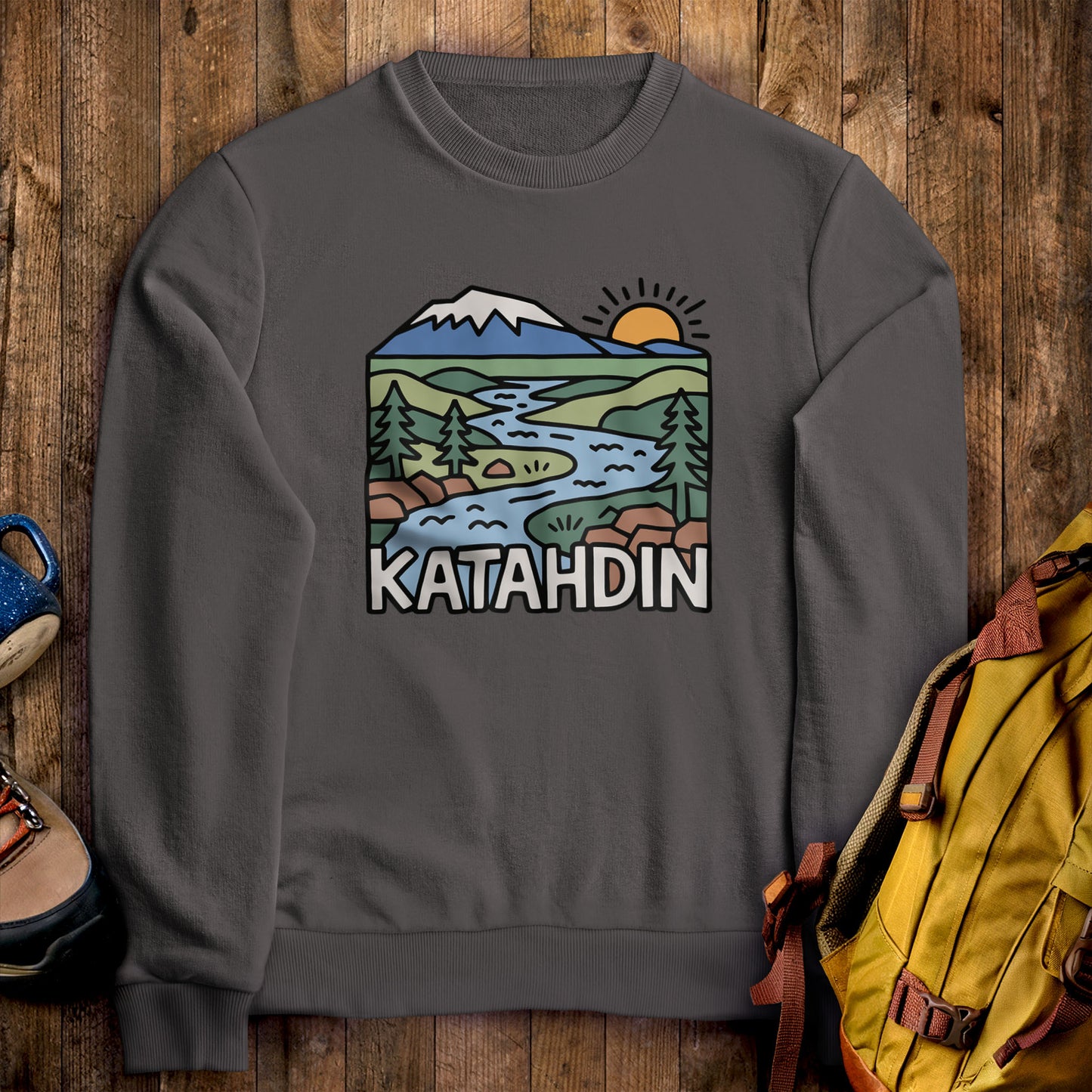 Mount Katahdin Crewneck Sweatshirt Charcoal Adventure and Outdoors Themed Sweatshirt