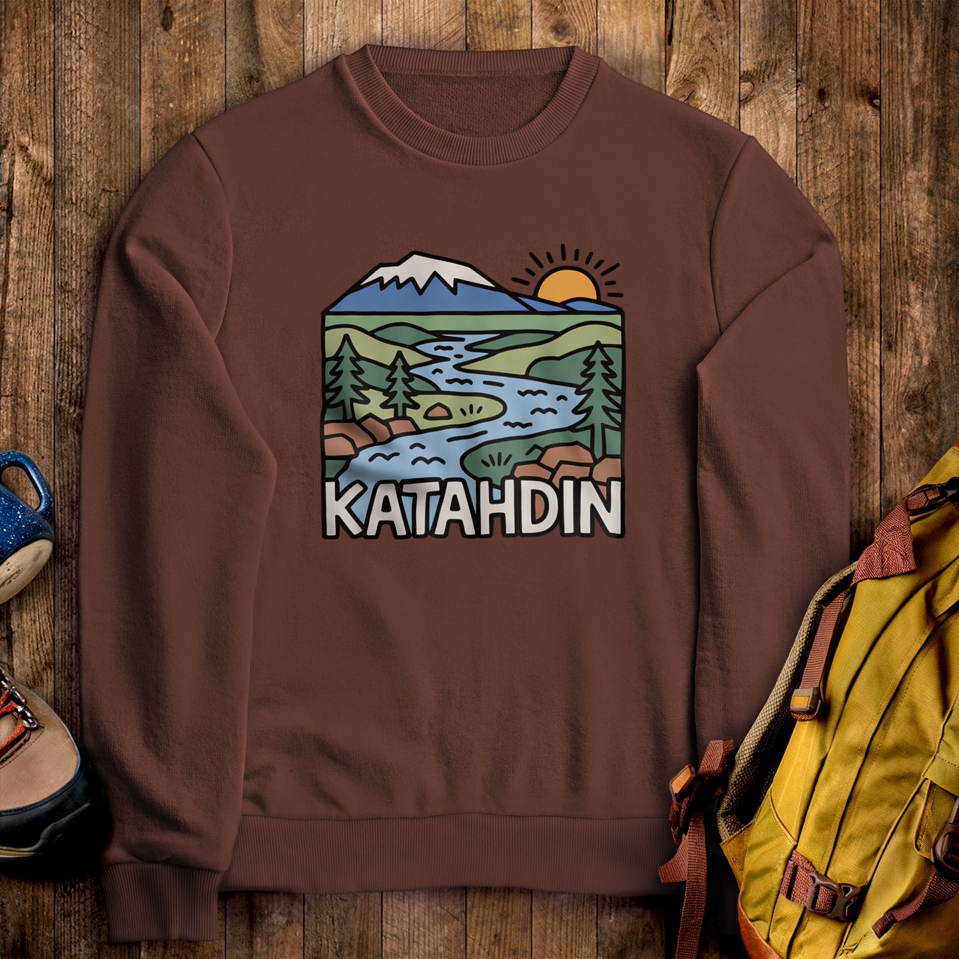 Mount Katahdin Crewneck Sweatshirt Cocoa Adventure and Outdoors Themed Sweatshirt