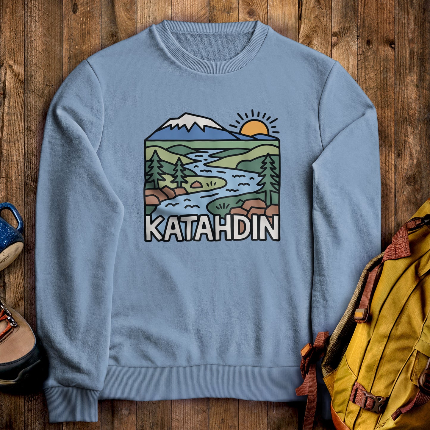 Mount Katahdin Crewneck Sweatshirt Stone Blue Adventure and Outdoors Themed Sweatshirt