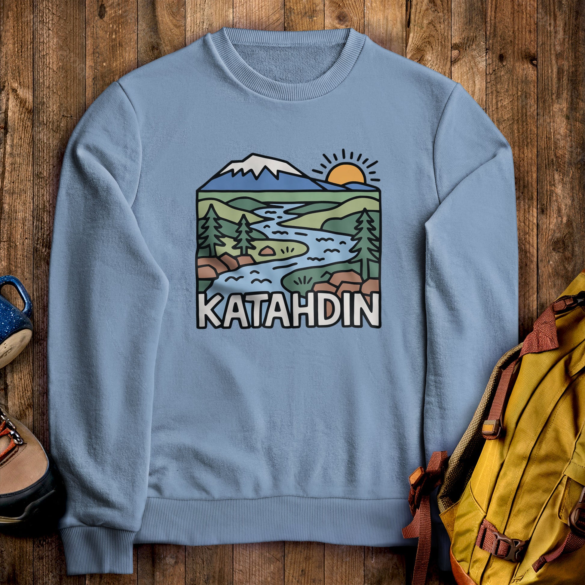 Mount Katahdin Crewneck Sweatshirt Stone Blue Adventure and Outdoors Themed Sweatshirt