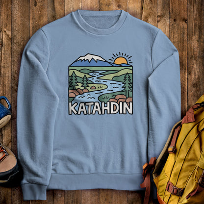 Mount Katahdin Crewneck Sweatshirt Stone Blue Adventure and Outdoors Themed Sweatshirt