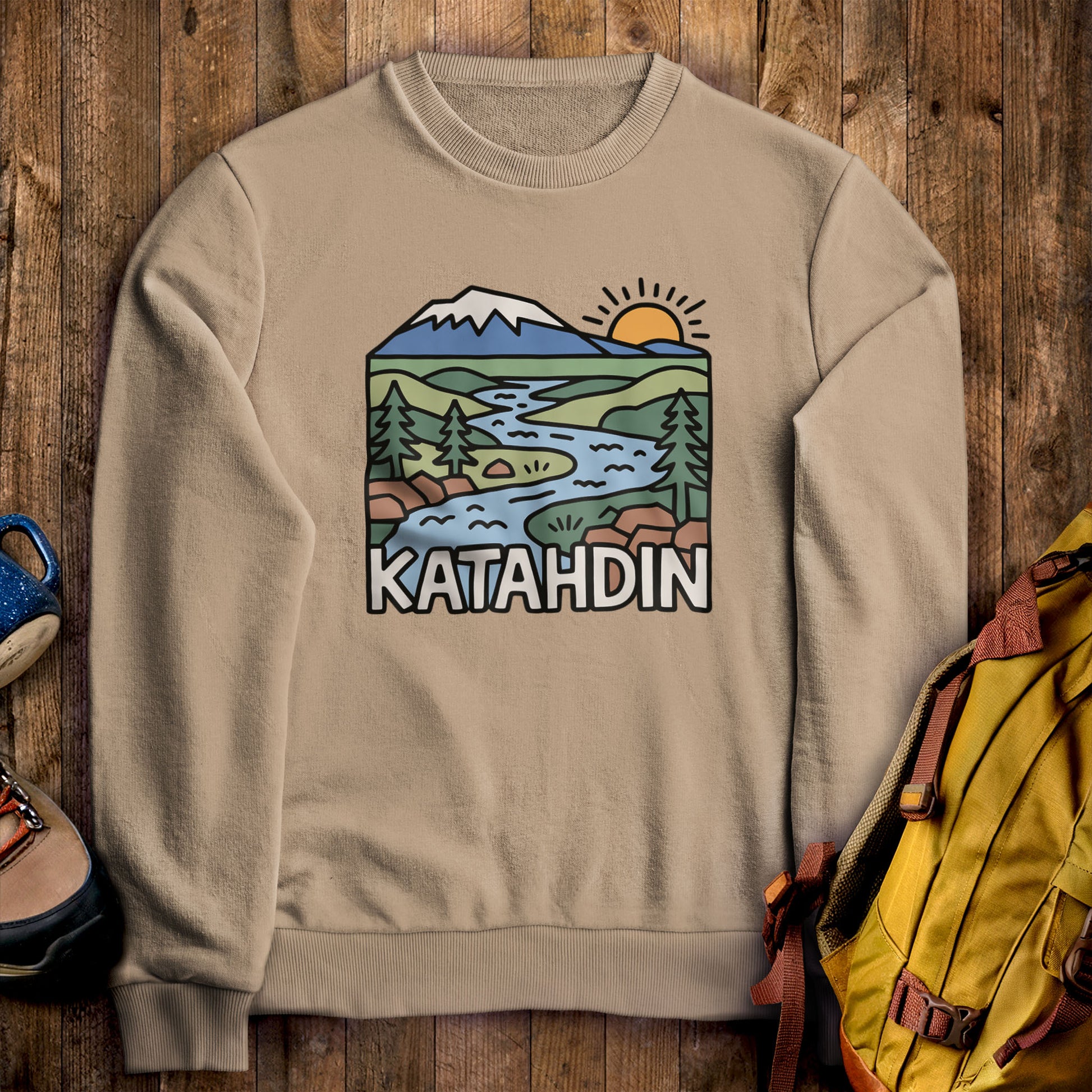 Mount Katahdin Crewneck Sweatshirt Sand Adventure and Outdoors Themed Sweatshirt