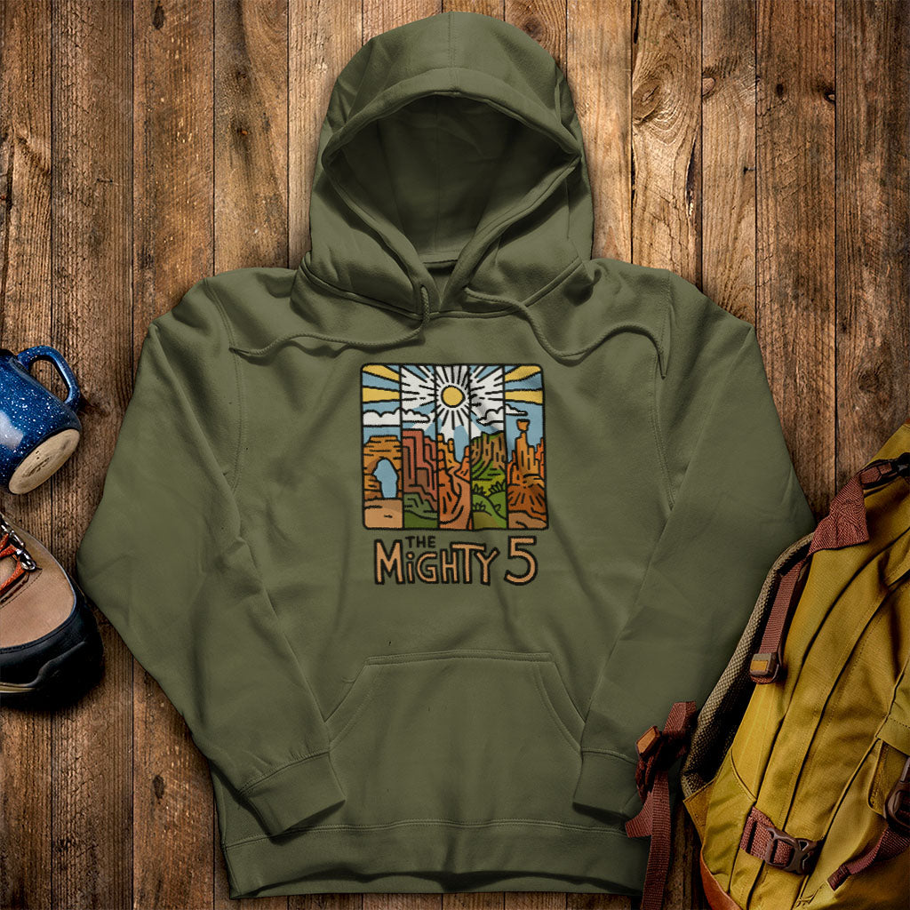 The Mighty 5 Hoodie Military Green Adventure and Outdoors Themed Hoodie