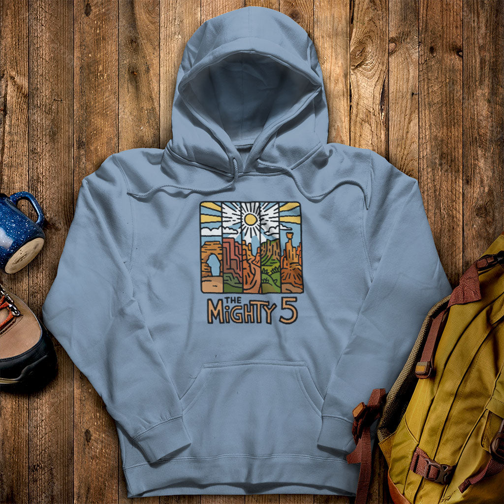 The Mighty 5 Hoodie Stone Blue Adventure and Outdoors Themed Hoodie