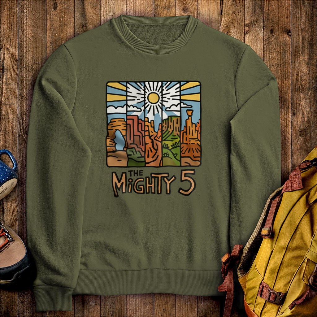 The Mighty 5 Crewneck Sweatshirt Military Green Adventure and Outdoors Themed Sweatshirt