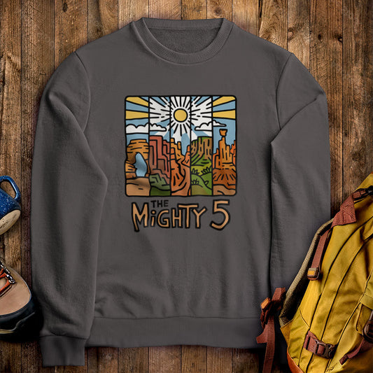 The Mighty 5 Crewneck Sweatshirt Charcoal Adventure and Outdoors Themed Sweatshirt