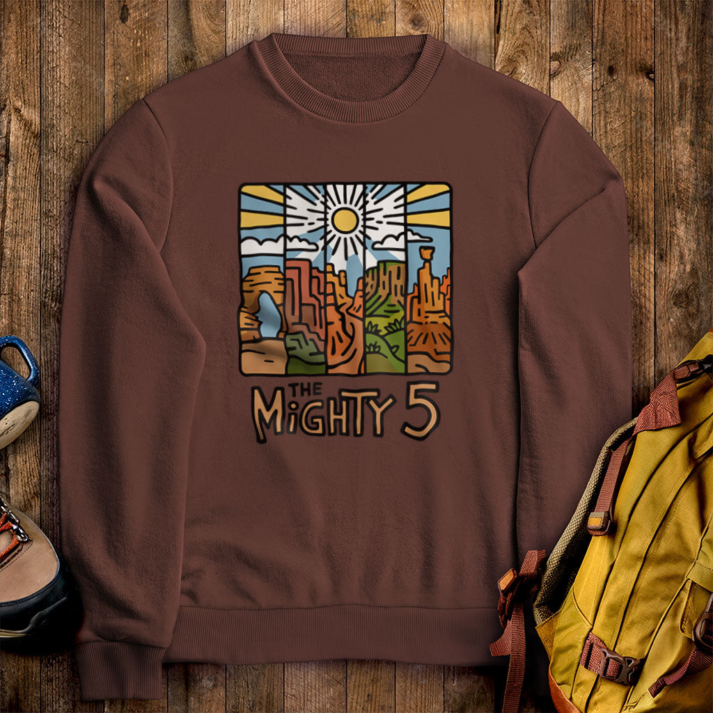 The Mighty 5 Crewneck Sweatshirt Cocoa Adventure and Outdoors Themed Sweatshirt