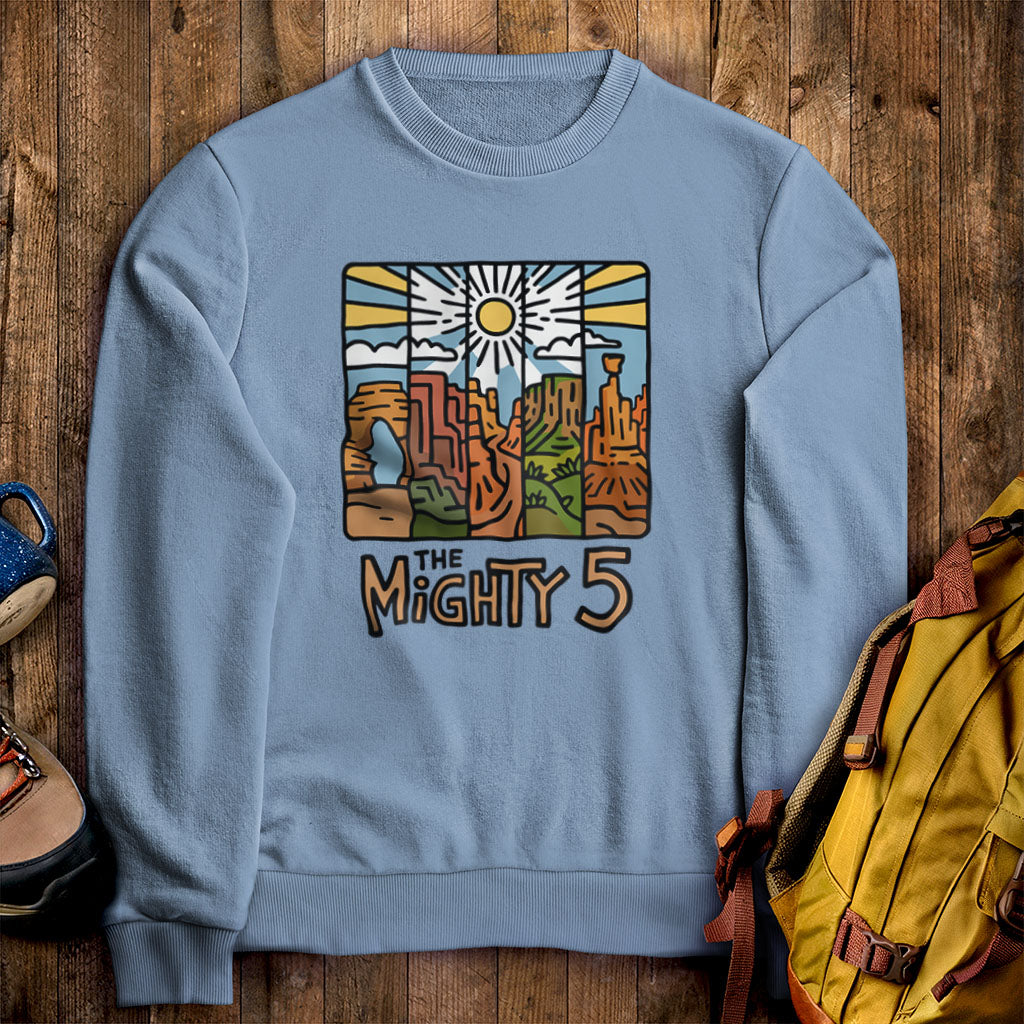 The Mighty 5 Crewneck Sweatshirt Stone Blue Adventure and Outdoors Themed Sweatshirt