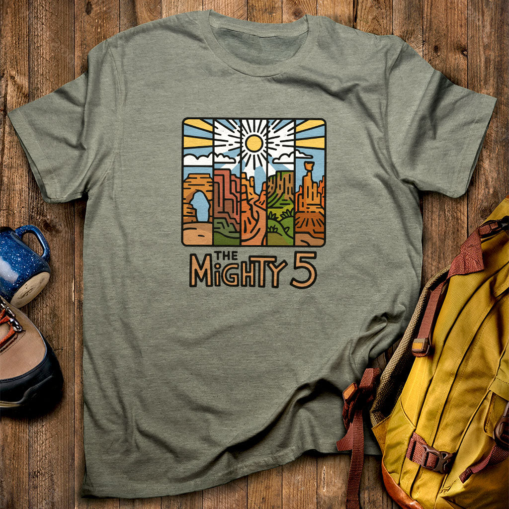 The Mighty 5 T-Shirt Heather Military Green Adventure and Outdoors Themed T-Shirt