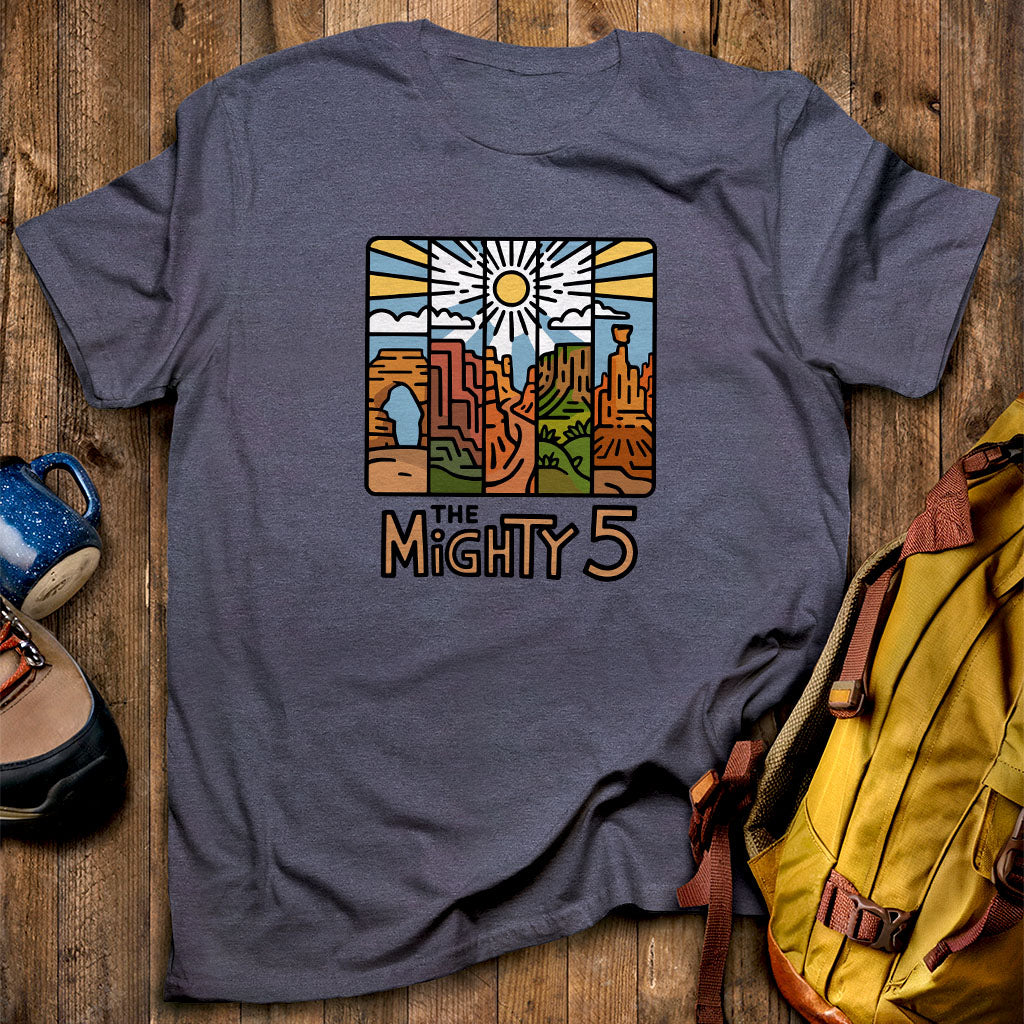 The Mighty 5 T-Shirt Heather Navy Adventure and Outdoors Themed T-Shirt
