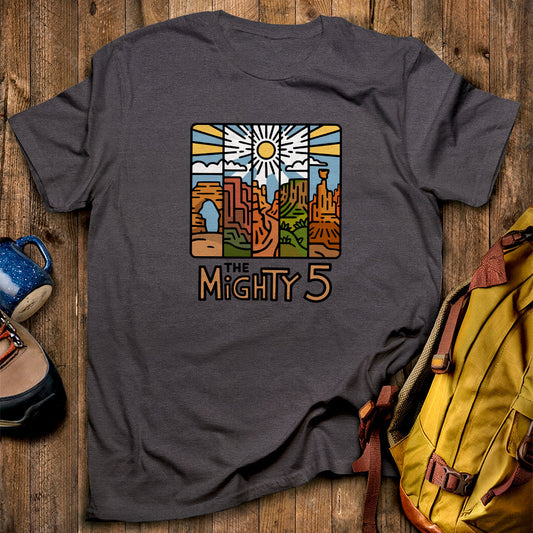 The Mighty 5 T-Shirt Dark Heather Adventure and Outdoors Themed T-Shirt