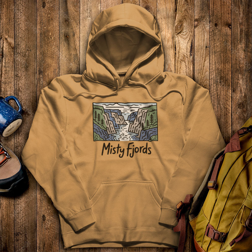Misty Fjords National Monument Hoodie Mustard Adventure and Outdoors Themed Hoodie