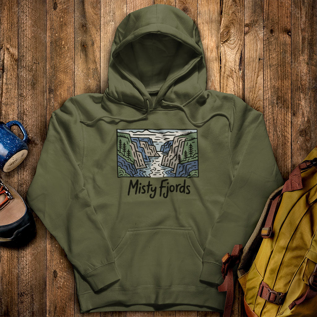 Misty Fjords National Monument Hoodie Military Green Adventure and Outdoors Themed Hoodie