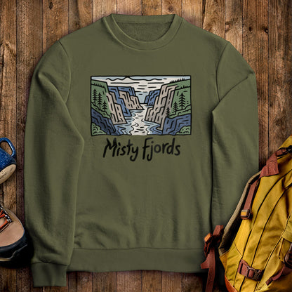 Misty Fjords National Monument Crewneck Sweatshirt Military Green Adventure and Outdoors Themed Sweatshirt