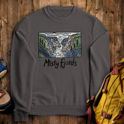 Misty Fjords National Monument Crewneck Sweatshirt Charcoal Adventure and Outdoors Themed Sweatshirt