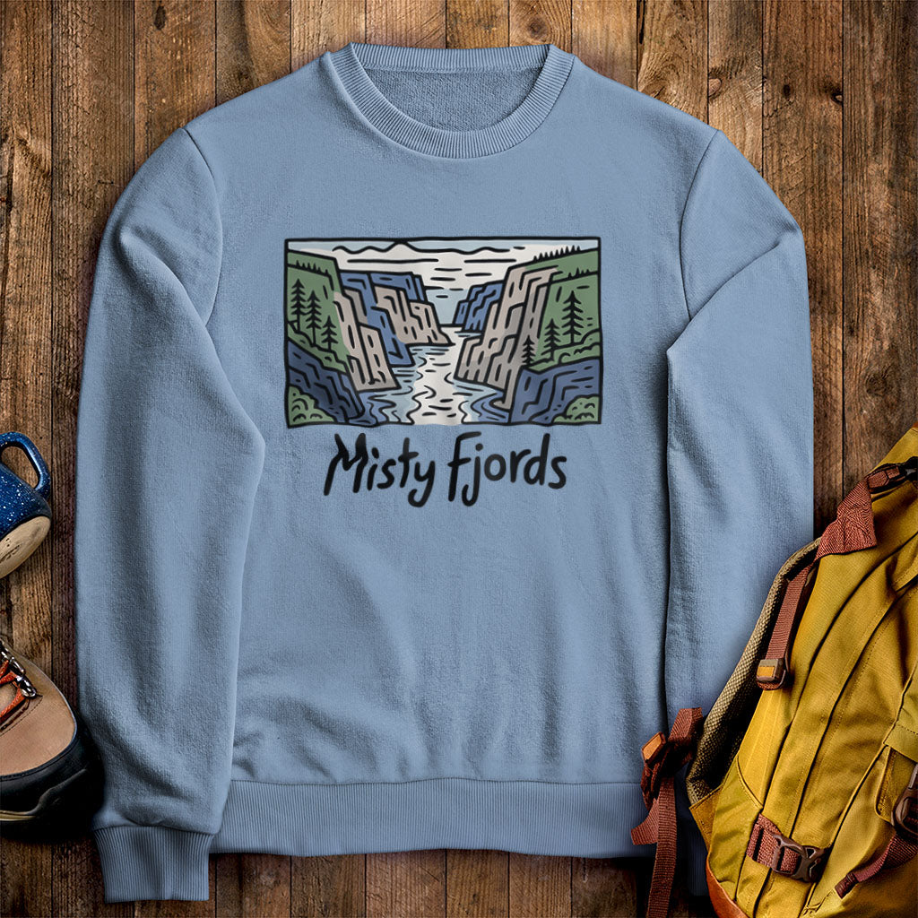 Misty Fjords National Monument Crewneck Sweatshirt Stone Blue Adventure and Outdoors Themed Sweatshirt