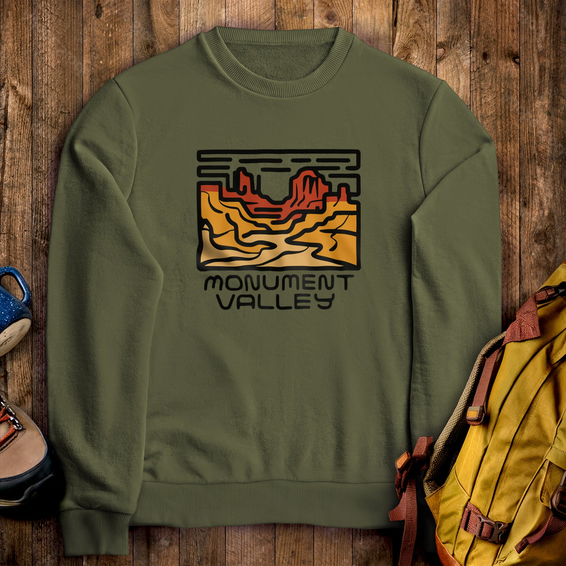 Monument Valley Crewneck Sweatshirt Military Green Adventure and Outdoors Themed Sweatshirt
