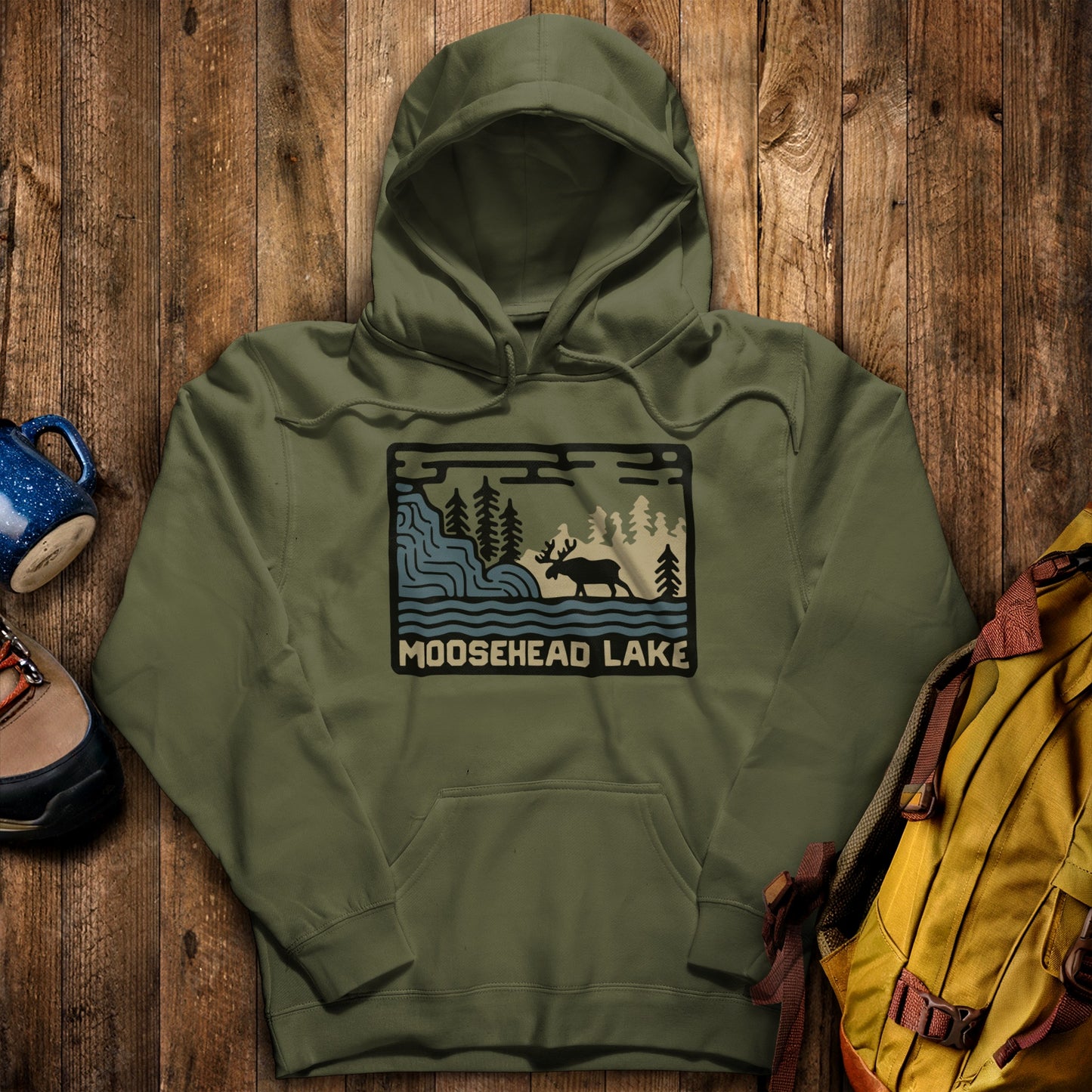 Moosehead Lake Hoodie Military Green Adventure and Outdoors Themed Hoodie